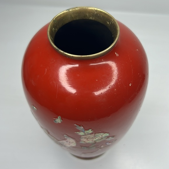 Vintage 🦤 Korean Red Lacquer Brass Vase Mother of Pearl Inlay Phoenix Bird - Picture 11 of 16